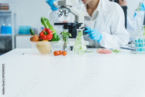 Two Asian women in a lab work on food research, using a microscope, petri dish, and test tubes filled with chemical solutions. They study vegetables, pork, and plants for GMO traits and nutrition.