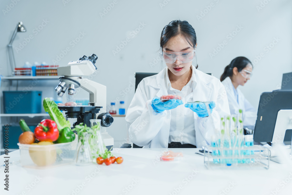 Two Asian women in a lab work on food research, using a microscope, petri dish, and test tubes filled with chemical solutions. They study vegetables, pork, and plants for GMO traits and nutrition. Two Asian women in a lab work on food research, using a microscope, petri dish, and test tubes filled with chemical solutions. They study vegetables, pork, and plants for GMO traits and nutrition.