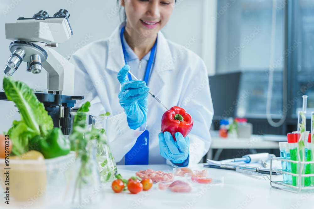 Fototapeta premium Two Asian women in a lab work on food research, using a microscope, petri dish, and test tubes filled with chemical solutions. They study vegetables, pork, and plants for GMO traits and nutrition.
