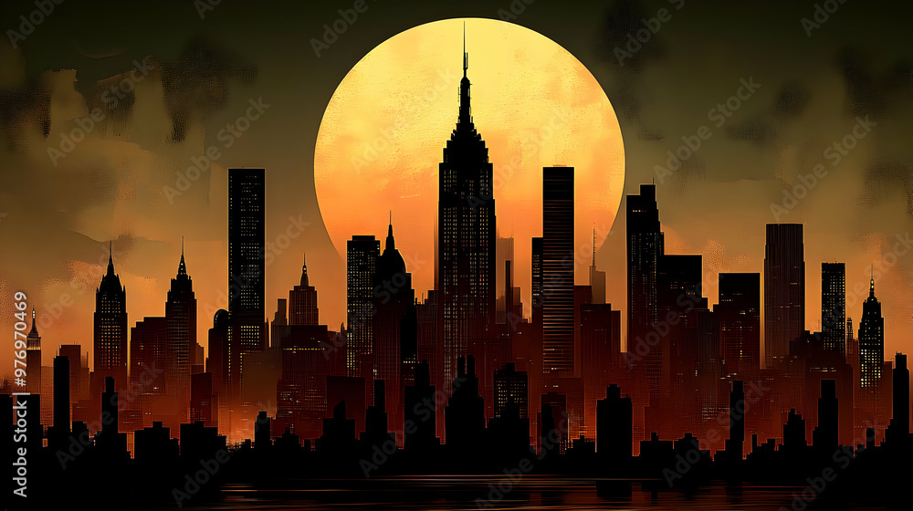 Fototapeta premium A silhouette of a city skyline with a large full moon in the background.