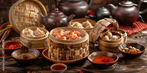 Dim sum feast with assorted dumplings, dipping sauces, and traditional Chinese teaware on a rustic wooden table