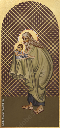 Traditional Christian icon of Simeon the God- receiver. Antique illustration in Greek style