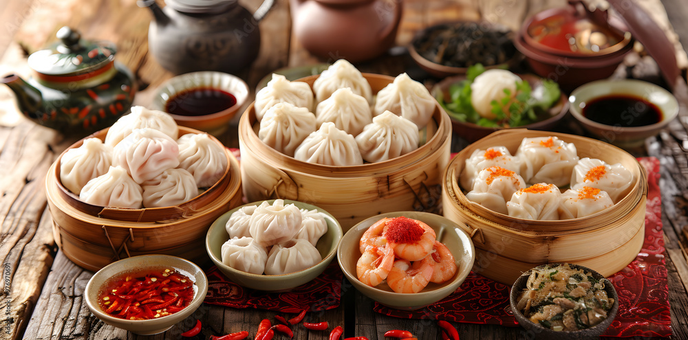 Dim sum feast with assorted dumplings, dipping sauces, and Chinese teaware served on a rustic wooden table Dim sum feast with assorted dumplings, dipping sauces, and Chinese teaware served on a rustic wooden table