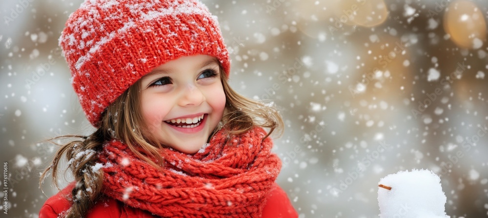 Happy Little Girl in Red Knitted Hat and Scarf Having Fun Making Snowman on a Snowy Winter Day Happy Little Girl in Red Knitted Hat and Scarf Having Fun Making Snowman on a Snowy Winter Day