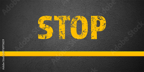 Asphalt road with stop lane marking, concrete highway surface, texture. Street traffic line, road dividing strip. Pattern with grainy structure, grunge stone background. Vector illustration