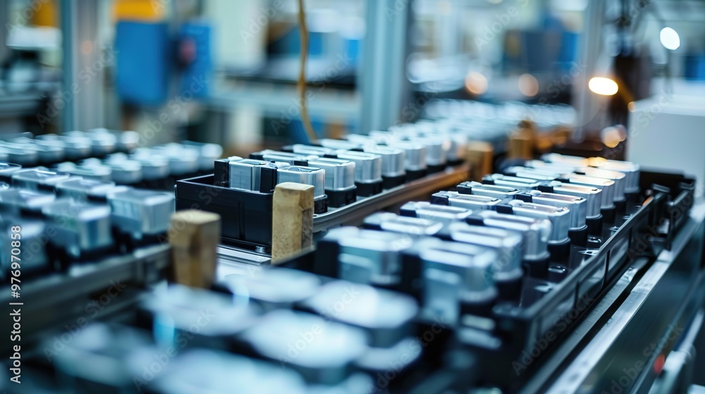 Obraz premium An overview of a modern battery production facility, showcasing the intricate processes involved in manufacturing lithium-ion batteries. This scene highlights robotic arms, assembly lines, 