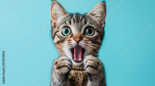 A surprised cat with its mouth wide open, placing both front paws on its face in shock, isolated on a simple background photo