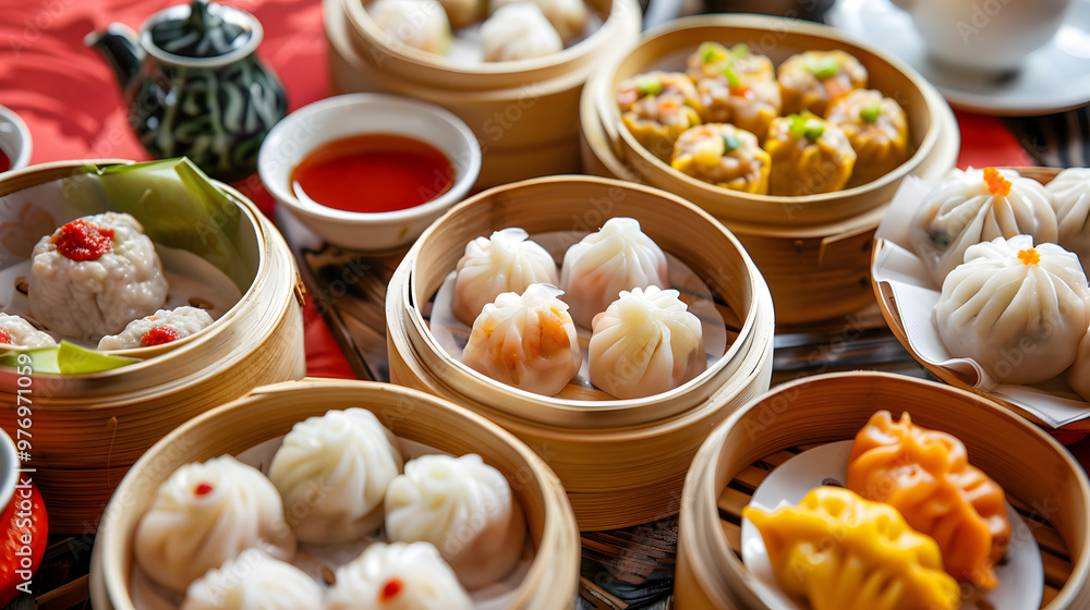 Exquisite dim sum presentation with steamed dumplings, dipping sauces, and traditional Chinese teaware Exquisite dim sum presentation with steamed dumplings, dipping sauces, and traditional Chinese teaware