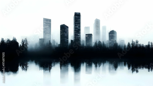 A silhouette of a city skyline with skyscrapers reflected in a foggy lake.