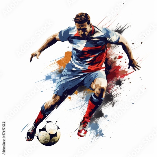 Soccer player playing football. Splashes of colorful paint background