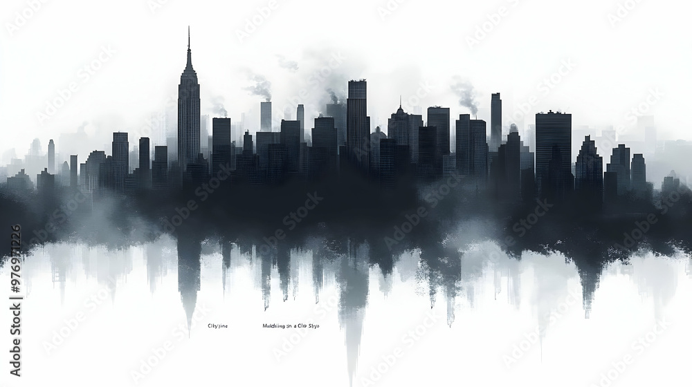 A silhouette of a city skyline with smoke coming from the buildings, reflected in water with a watercolor effect. A silhouette of a city skyline with smoke coming from the buildings, reflected in water with a watercolor effect.