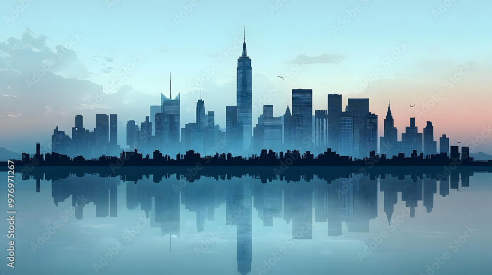 Obraz premium A silhouette of a city skyline with tall skyscrapers reflected in the water at sunrise.