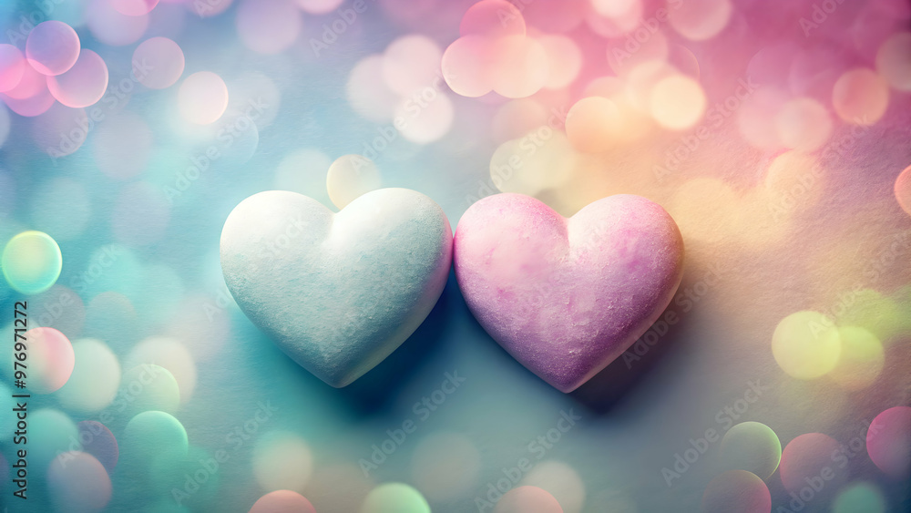 Fototapeta premium of two hearts on pastel background showing affection , love, romance, Valentines Day, relationship, bond, together, sweet