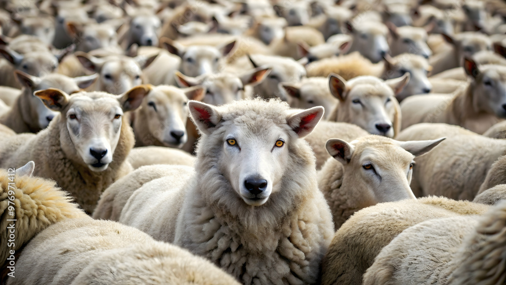 Fototapeta premium A wolf in sheep's clothing sneaking among a flock of sheep, deception, disguise, harmful, intentions, hidden, deceit, trickery