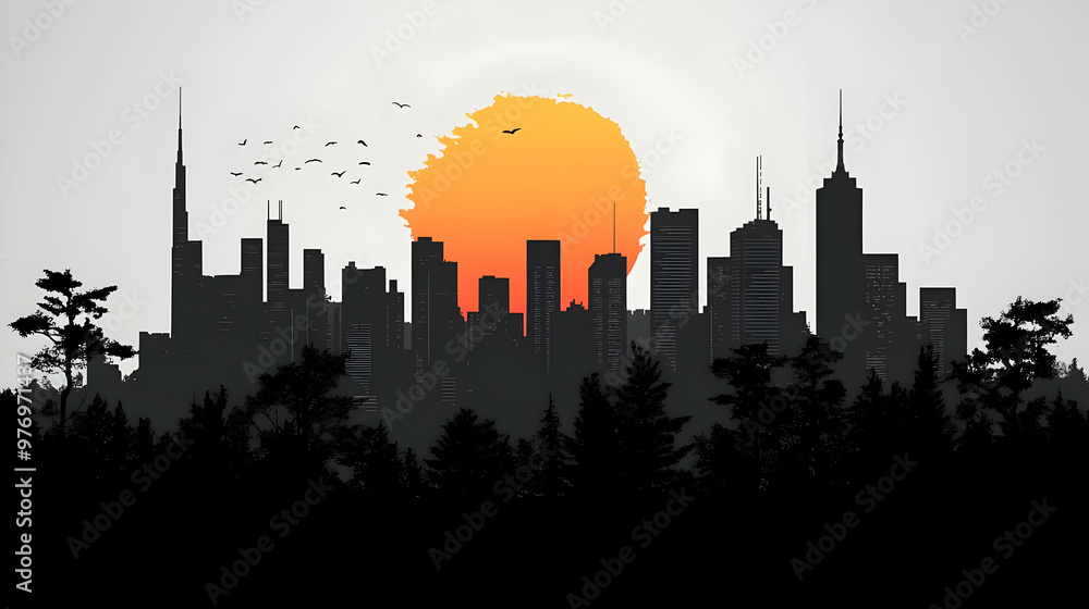 A silhouette of a cityscape with a large orange sun setting behind it, with trees in the foreground and birds flying overhead. A silhouette of a cityscape with a large orange sun setting behind it, with trees in the foreground and birds flying overhead.