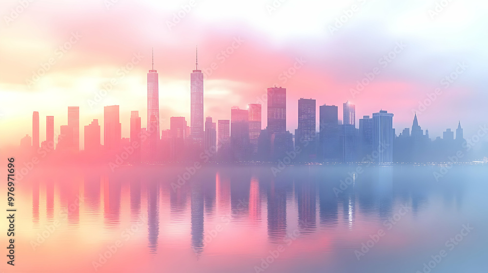A silhouette of a modern city skyline against a colorful sunrise. A silhouette of a modern city skyline against a colorful sunrise.