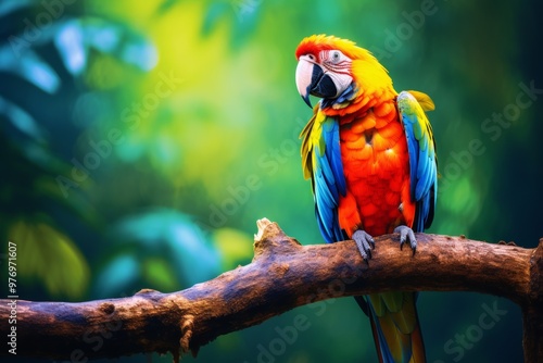 Vibrant parrot perched on a branch in a tropical rainforest, surrounded by lush greenery