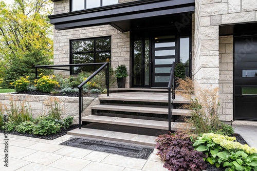 In this mid-century modern bungalow, flagstone was applied to the original concrete veranda, natural stone steps were added, and a tumbled paver landing was installed.
