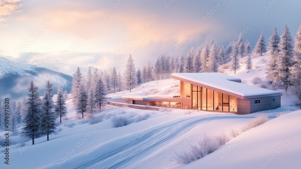 Fototapeta premium modern house with large windows amidst snowy winter landscape at sunset. tranquil and serene winter scene