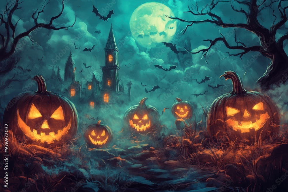 Glowing Pumpkins and a Dark Castle Under the Full Moon Glowing Pumpkins and a Dark Castle Under the Full Moon