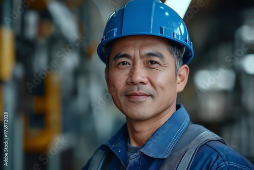 A man wearing a blue hard hat and safety glasses is smiling for the camera. He is a construction worker or a worker in a hazardous environment