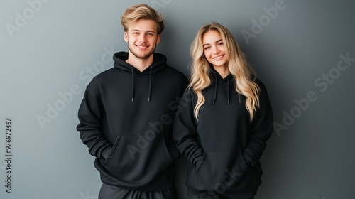 Black sweatshirts mockup on male and female models against grey background.