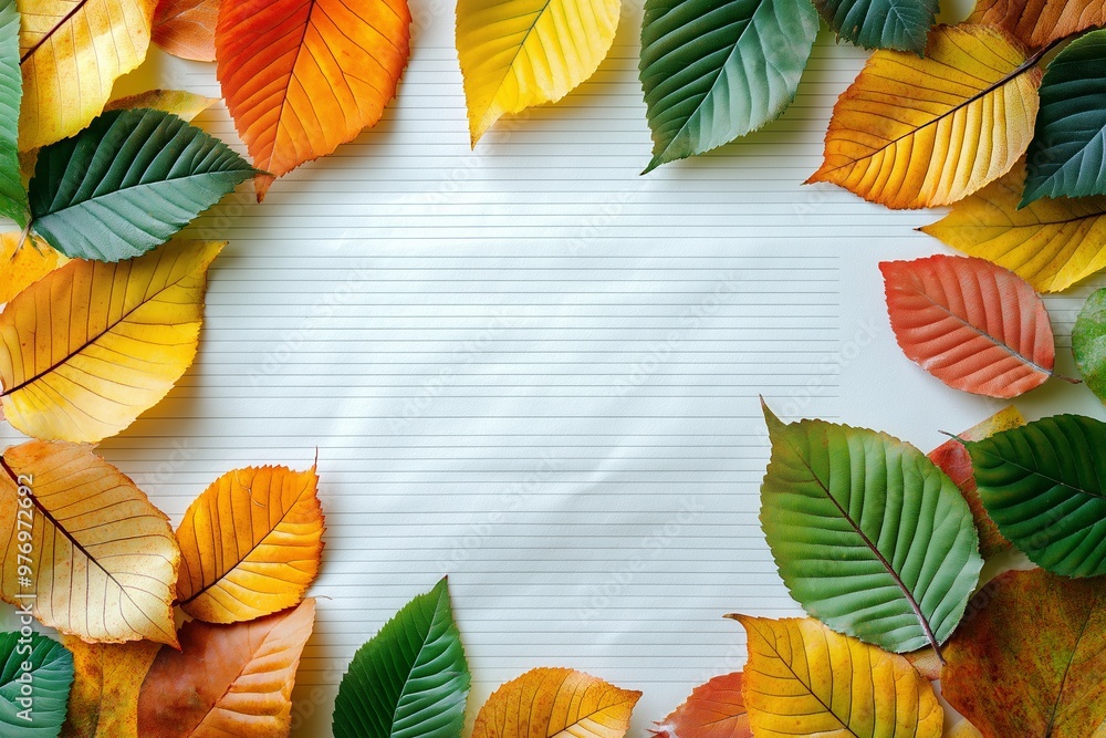 A leafy border with a white background. The leaves are of different colors, including yellow, orange, and green A leafy border with a white background. The leaves are of different colors, including yellow, orange, and green
