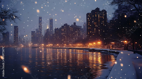 A snowy cityscape with ligh...