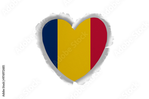 World countries. Heart- frame ripped paper on white background. Romania