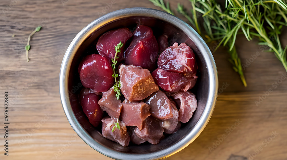 nutrient-dense raw meal featuring liver, kidneys, and hearts, served in a stainless steel nutrient-dense raw meal featuring liver, kidneys, and hearts, served in a stainless steel