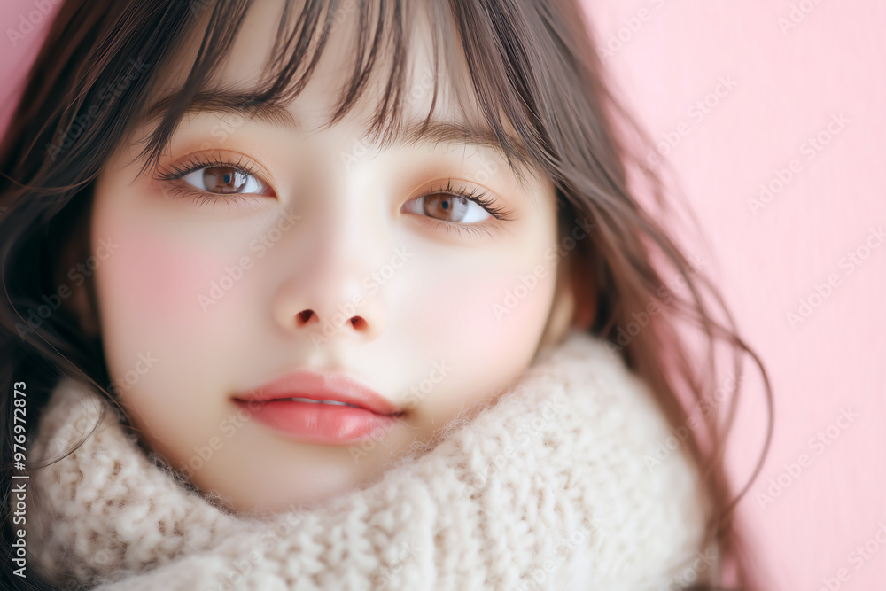 暖かそうなマフラーを巻く透明感のある美しい女性 暖かそうなマフラーを巻く透明感のある美しい女性