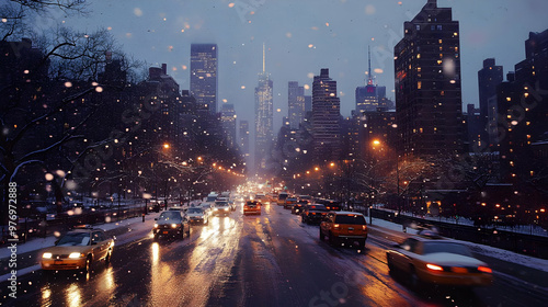 A snowy evening cityscape w...