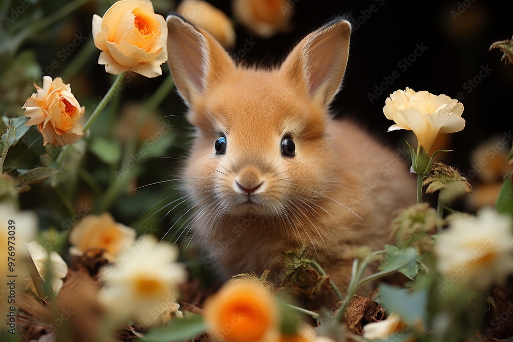 Fototapeta premium Baby rabbit sitting in a patch of flowers, its nose twitching and ears perked up