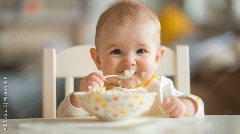 A child is eating porridge from a plate in the kitchen. A child is eating porridge from a plate in the kitchen.