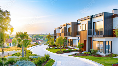 Modern houses in urban landscape with lush greenery and scenic road at sunset