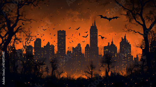 A spooky cityscape with bat...