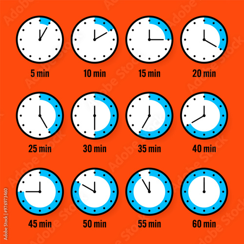 Stopwatch icons. Colorful simple chronometer, time counter with dial. Countdown timer showing hours and minutes. Deadline, measurement for sport. Cooking time label, sticker. Vector illustration