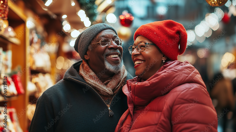 Smiling elderly couple enjoying a festive holiday market, wearing cozy winter clothing and sharing a joyful moment. Warm, cheerful, winter, holiday, togetherness, happiness Smiling elderly couple enjoying a festive holiday market, wearing cozy winter clothing and sharing a joyful moment. Warm, cheerful, winter, holiday, togetherness, happiness
