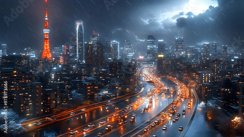 A stormy night in Tokyo with a panoramic view of the city skyline and a highway filled with traffic.