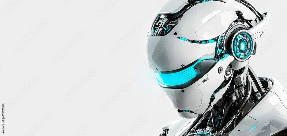 Render a futuristic humanoid robot in a CG 3D style with sleek metallic surfaces and glowing blue accents Render a futuristic humanoid robot in a CG 3D style with sleek metallic surfaces and glowing blue accents