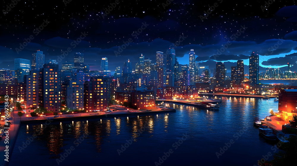 Obraz premium A stunning aerial view of a city skyline at night with a starry sky, reflecting in the water, with a few boats in the water and lights on in the buildings.