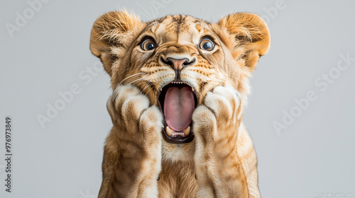 A surprised lion with its m...