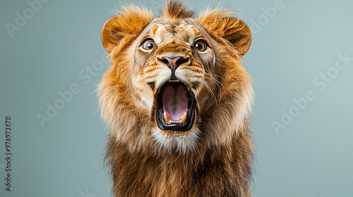 A surprised lion with its m...