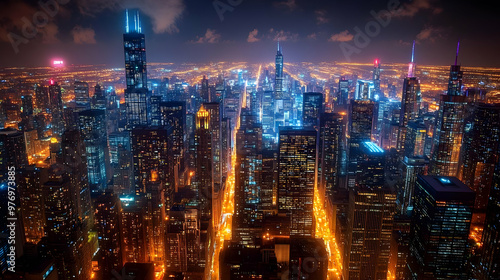 city, skyline, night, aerial, view, lights, skyscrapers