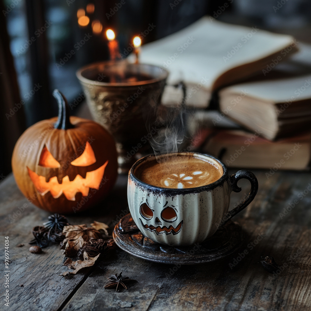 A spooky Halloween scene featuring carved pumpkin, steaming cup of coffee with skull design, and candles illuminating cozy atmosphere. Perfect for autumn vibes! A spooky Halloween scene featuring carved pumpkin, steaming cup of coffee with skull design, and candles illuminating cozy atmosphere. Perfect for autumn vibes!