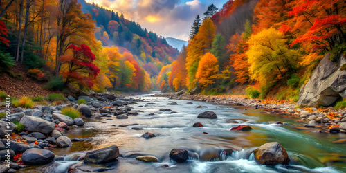 Scenic mountain river flowing through an autumn forest with colorful foliage and rocky shores, mountain, river, autumn, forest