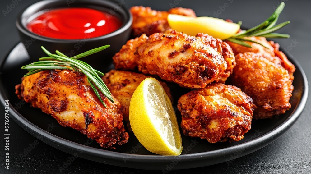 Crispy Fried Chicken Wings with Lemon and Rosemary on Black Plate Crispy Fried Chicken Wings with Lemon and Rosemary on Black Plate