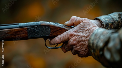 Close-up of an Elderly Hand Holding a Shotgun