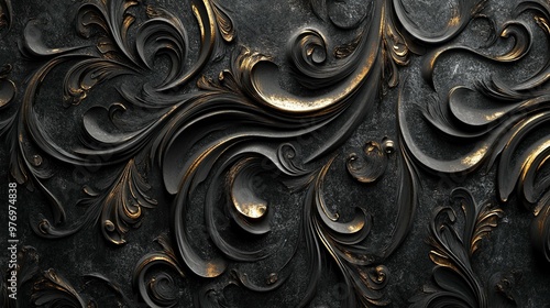 Black and Gold Intricate Ornate Design with Swirls and Flourishes