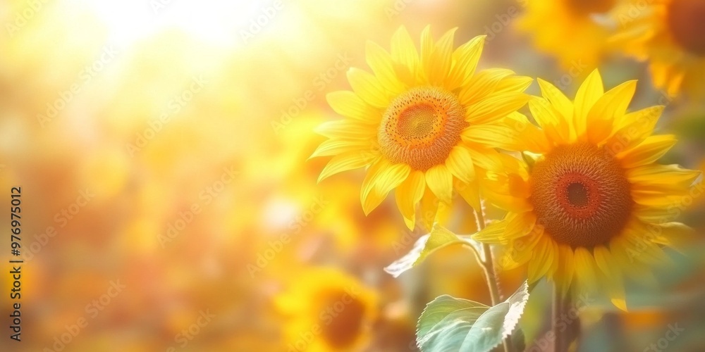Fototapeta premium Bright sunflowers basking in the golden light of the sun. This vibrant image captures the essence of summer. Perfect for nature lovers and floral enthusiasts. AI